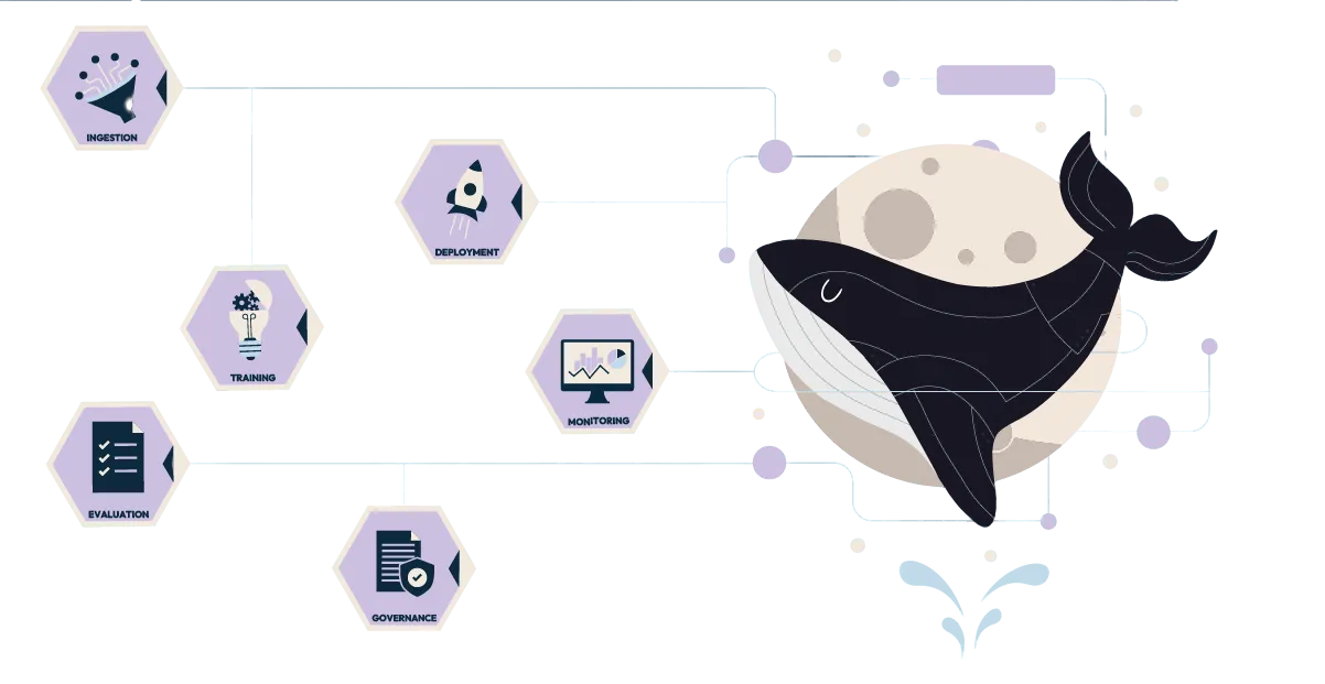 Banner cartoon for the conference showing a whale in front of a moon on the right and various hexagonal icons on the left.