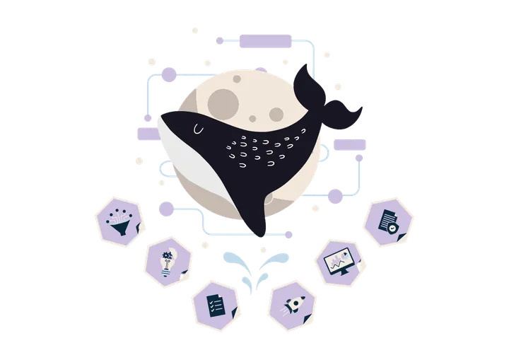 Conference logo: a cartoon showing a whale in front of a moon in the centre and various hexagonal icons below.
